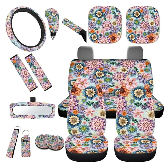 Yuyamidu Dalia Car Seat Covers Full Set of 16 Flower Automotive Steering Wheel Covers Sun Shade Seatbelt Pads Car Coasters Handbrake Cover Set Rear View Mirror Cover Keychain for Women