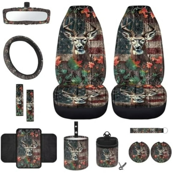 Yuyamidu Deer Car Front Seat Cover Set 12 PCS American Flag Bucket Seat Covers Steering Wheel Cover Seat Belt Pads Armrest Cover Garbage Bin Air Vent Pocket Rearview Mirror Cover Cup Mat Keychain