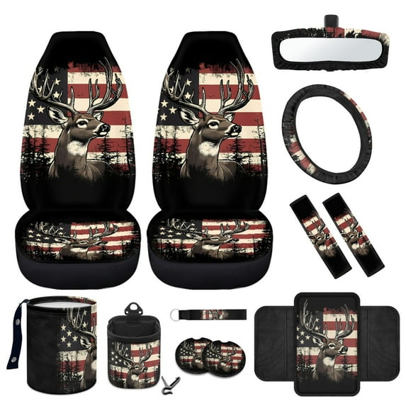 Yuyamidu Deer Car Front Seat Cover Set with Armrest Cover Pad Steering Wheel Cover American Flag Seat Belt Pads Garbage Can Air Vent Pouch Rearview Mirror Cover Coasters Keychain, 12 Pieces