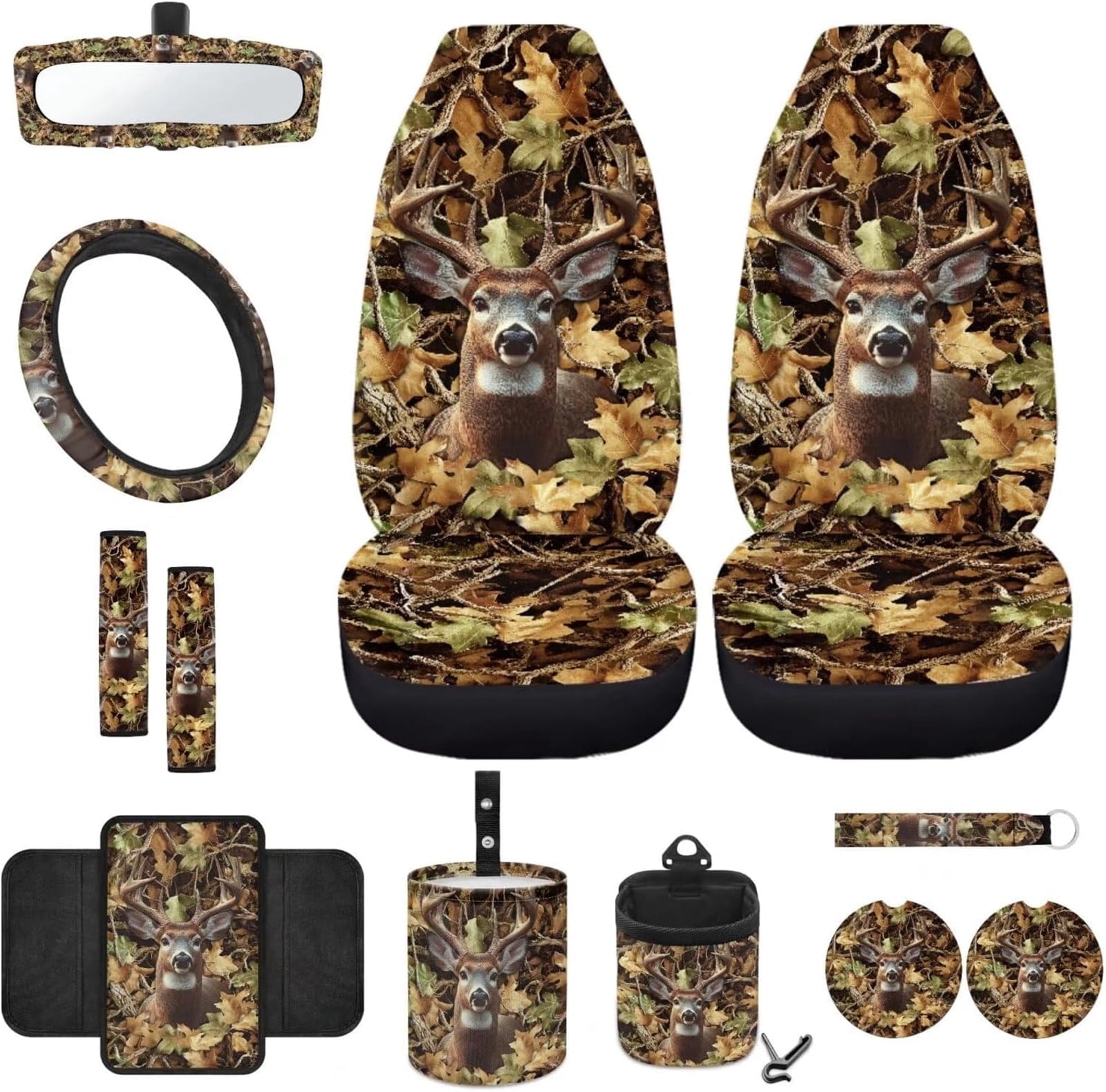 Yuyamidu Deer Car Front Seat Covers Full Set Camo Hunting Steering Wheel Cover Seat Belt Pads Armrest Cover Coasters Trash Bag Air Vent Bag Rearview Mirror Cover Keychain 12 PCS Auto Accessories