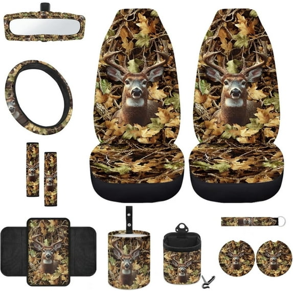 Yuyamidu Deer Car Front Seat Covers Full Set Camo Hunting Steering Wheel Cover Seat Belt Pads Armrest Cover Coasters Trash Bag Air Vent Bag Rearview Mirror Cover Keychain 12 PCS Auto Accessories