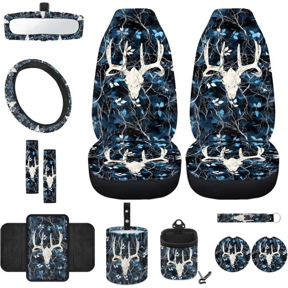 Yuyamidu Deer Car Seat Cover Set Blue Camo Hunting Front Car Seat Cover with Steering Wheel Cover Seat Belt Pads Armrest Cushion Trash Bin Sunglass Pocket Rear View Mirror Cover Coaster Keychain