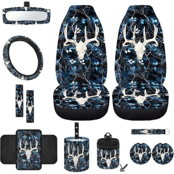 Yuyamidu Deer Car Seat Cover Set Blue Camo Hunting Front Car Seat Cover with Steering Wheel Cover Seat Belt Pads Armrest Cushion Trash Bin Sunglass Pocket Rear View Mirror Cover Coaster Keychain