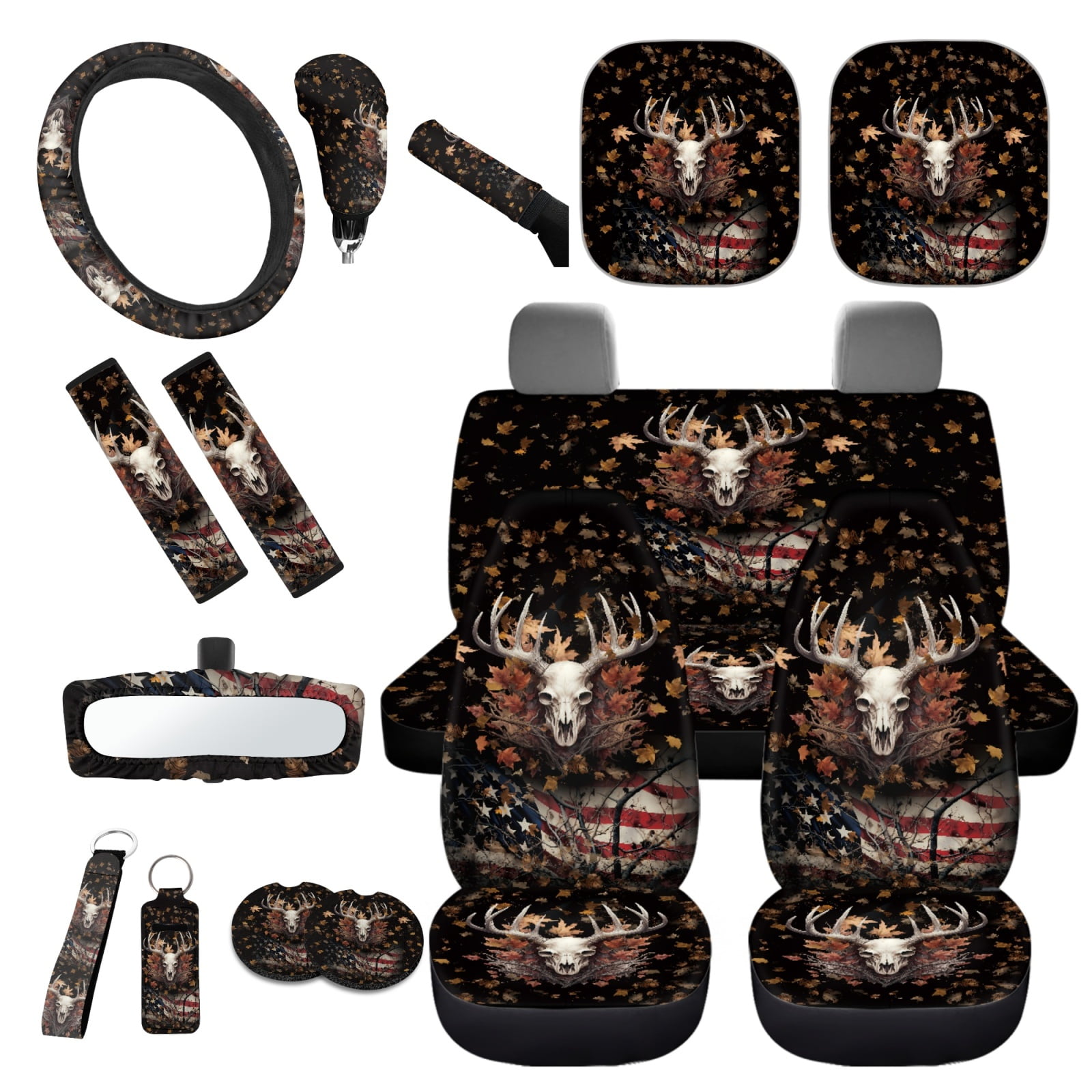 Yuyamidu Deer Car Seat Covers Full Set with Steering Wheel Cover Seat Belt Strap Pads American Flag Gear Shift Cover Hand Brake Cover Sun Visor Car Coasters Rearview Mirror Cover Keychain 16 PCS