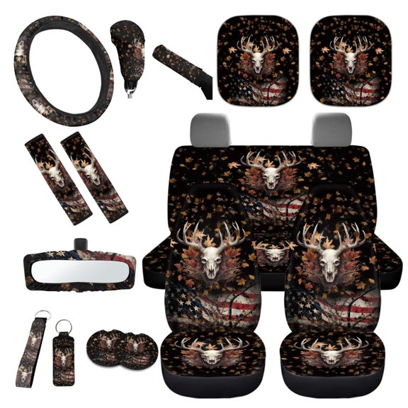 Yuyamidu Deer Car Seat Covers Full Set with Steering Wheel Cover Seat Belt Strap Pads American Flag Gear Shift Cover Hand Brake Cover Sun Visor Car Coasters Rearview Mirror Cover Keychain 16 PCS
