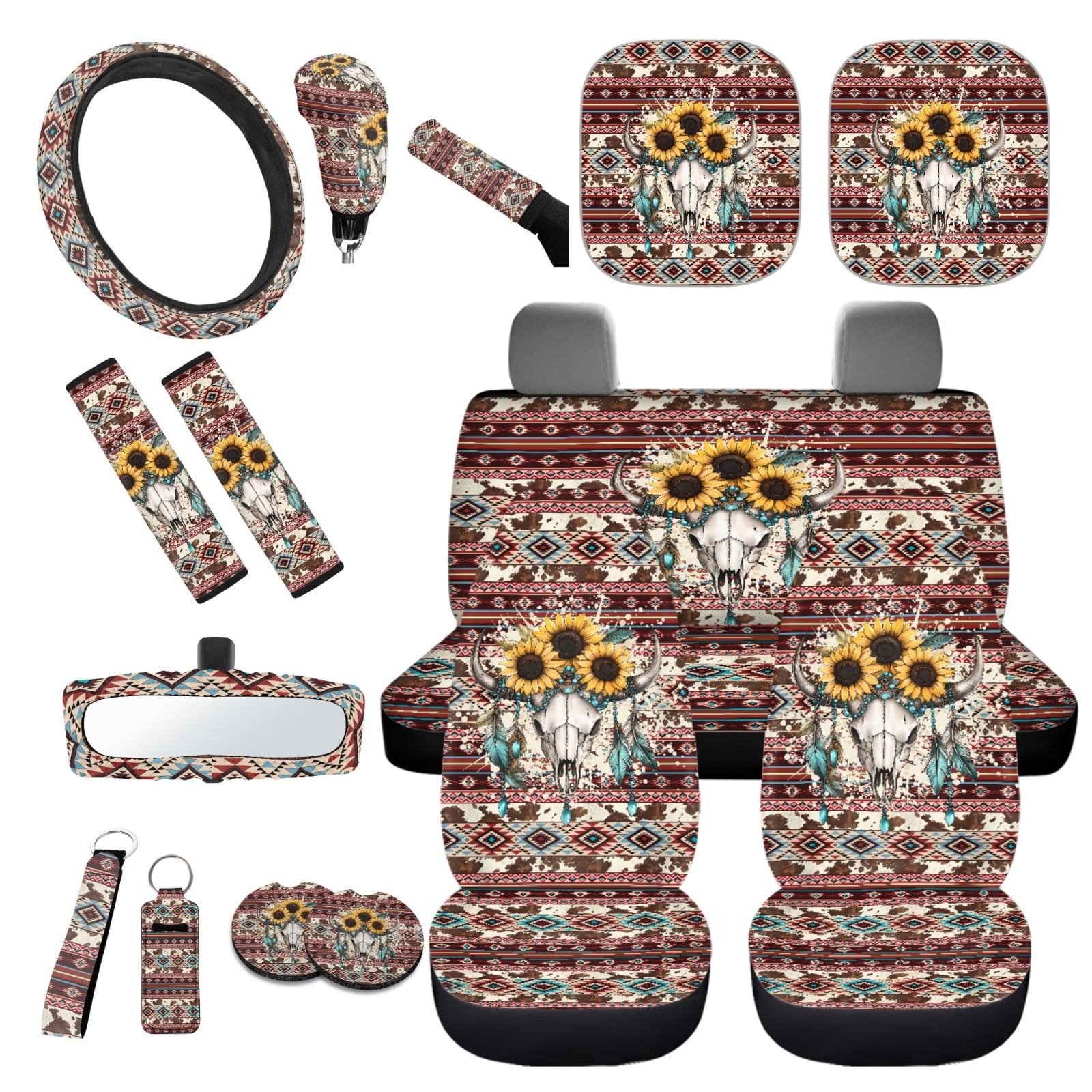 Yuyamidu Deer Car Seat Covers Set 16 PCS Sunflower Steering Wheel Cover Seat Belt Pads Coasters Southwest Aztec Rearview Mirror Cover Key Ring Car Window Shade Handbrake Gear Shift Knob Cover