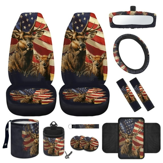 Yuyamidu Deer Front Car Seat Cover Set with Steering Wheel Cover Seat Belt Pads USA Flag Center Console Pad Trash Bin Phone Holder Rearview Mirror Cover Cup Holder Key Chain, Pack of 12