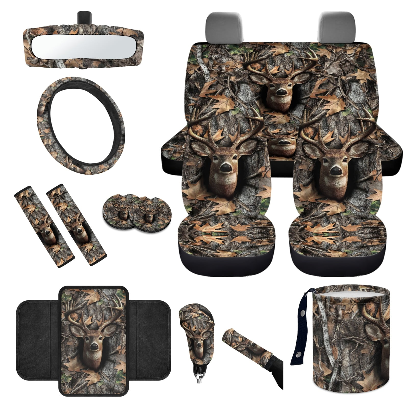 Yuyamidu Deer Front Rear Car Seat Covers Full Set Camo Hunting Steering Wheel Cover Seat Belt Pads Coasters Waste Bin Armrest Cover Cup Holders Rearview Mirror Cover Handbrake Cover Set, 14 Pack