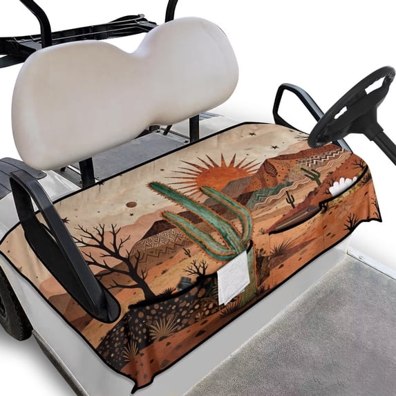 Yuyamidu Desert Cactus Golf Cart Seat Covers for 2-Seats Sunset Golf Cart Seat Towel Blanket with 4 Front Pockets Universal Breathable Club Car Accessories for All Season Protection
