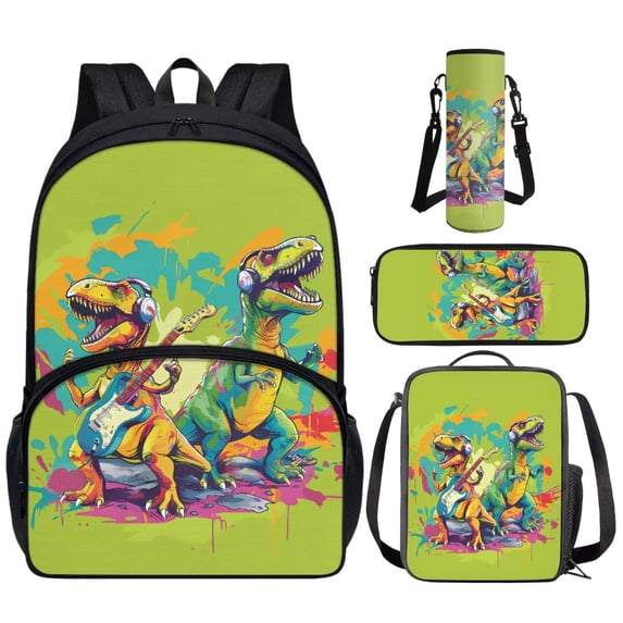 Yuyamidu Dinosaur Backpack and Lunch Box for Kids 8-10 Green Bookbag for Boys 4 Piece Children School Bag Set Middle School Book Bags 4th Grade Pencil Case Lunch Bag Water Bottle Sling Bag