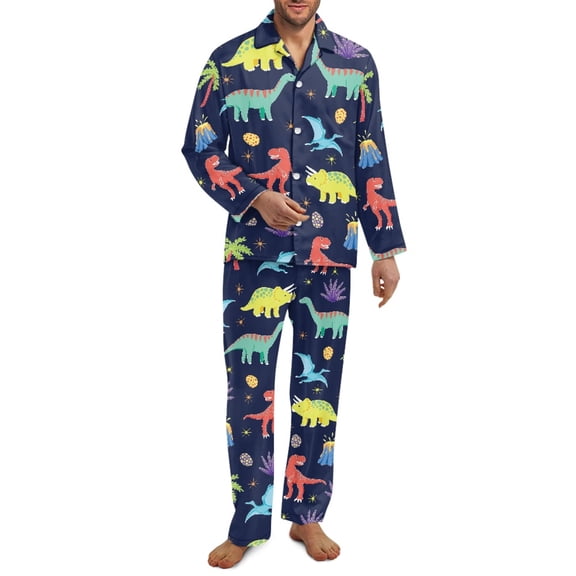 Yuyamidu Dinosaur Long Sleeve Pajamas for Men Button Nightwear Pajama Set Size M Soft Pjs Sleepwear Loungewear Set of 2 Casual Daily Wear Clothes with Pockets