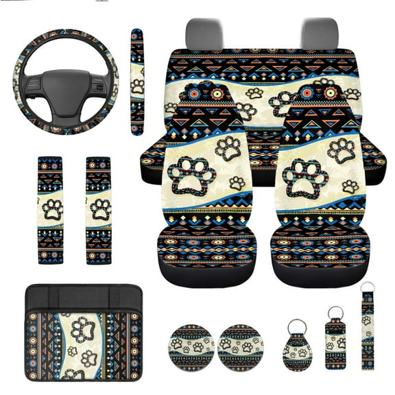 Yuyamidu Dog Paw Car Seat Cover Full Set with Steering Wheel Cover Seatbelt Pads Aztec Car Armrest Cover Cup Coaster Key Chain 13 PCS Auto Accessories
