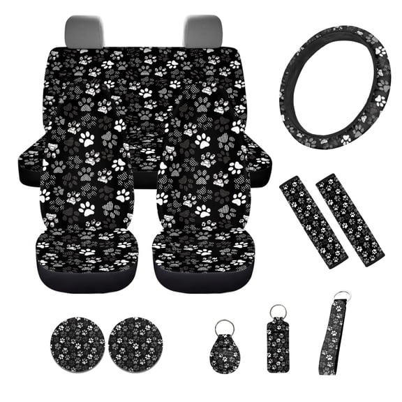 Yuyamidu Dog Paw Car Seat Cover Set of 12 Black Steering Wheel Cover Seat Belt Pads Cute Car Coasters Keychain Fit for SUV Truck Van Sedan