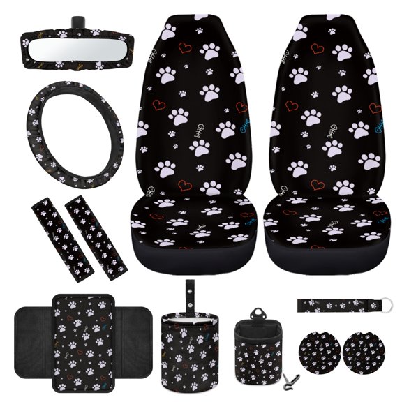 Yuyamidu Dog Paw Front Car Seat Cover Set of 12 Cute Steering Wheel Cover Seat Belt Pads Armrest Cover Garbage Bin Air Vent Pocket Rearview Mirror Cover Coasters Keychain Car Accessories Decor