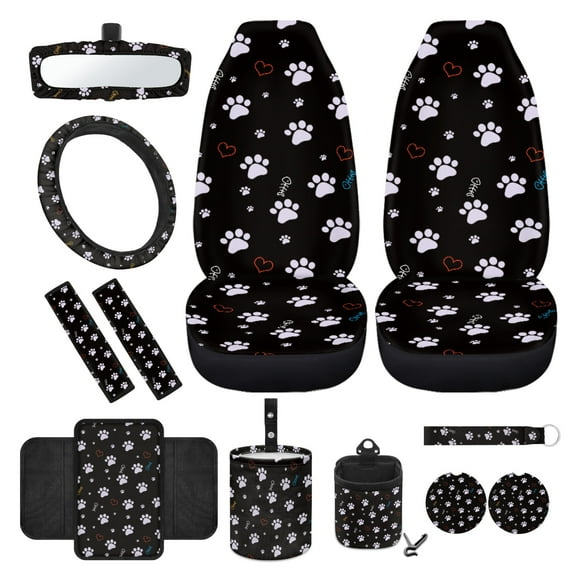 Yuyamidu Dog Paw Front Car Seat Cover Set of 12 Cute Steering Wheel Cover Seat Belt Pads Armrest Cover Garbage Bin Air Vent Pocket Rearview Mirror Cover Coasters Keychain Car Accessories Decor