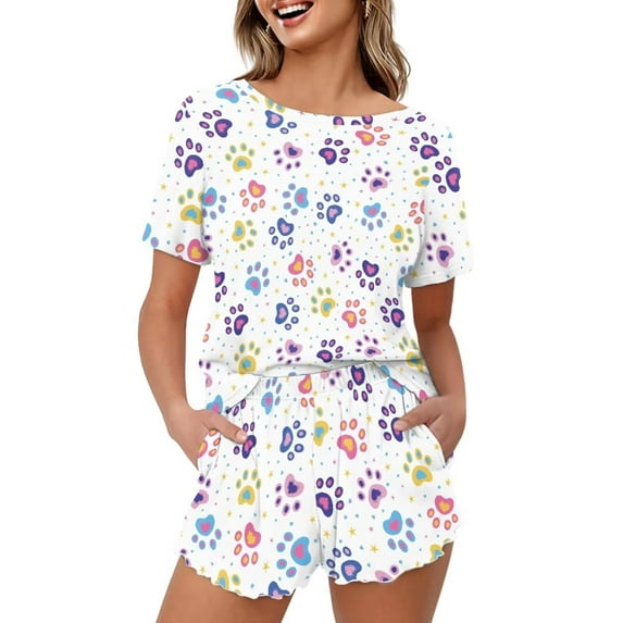 Yuyamidu Dog Paws Printed Womens Pajama Set Short Sleeve Pjs Sets 2 Piece Lounge Set Comfy Shorts Sleepwear with Pockets PJ Set, White