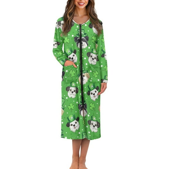 Yuyamidu Dog Womens Robes Lightweight Long Sleeves Bathrobe Green Leaf Long Sleepwear St. Patrick's Day Mid-Length Robe Nightgrown Party Loungewear Size L