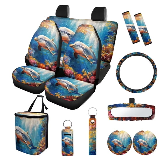 Yuyamidu Dolphin Car Accessories Sets with Car Seat Covers Steering Wheel Cover Cute Seatbelt Shoulder Pad Trash Can Auto Rear View Mirror Covers Coasters Keychain Lipstick Holder 13 PCS Auto Decor