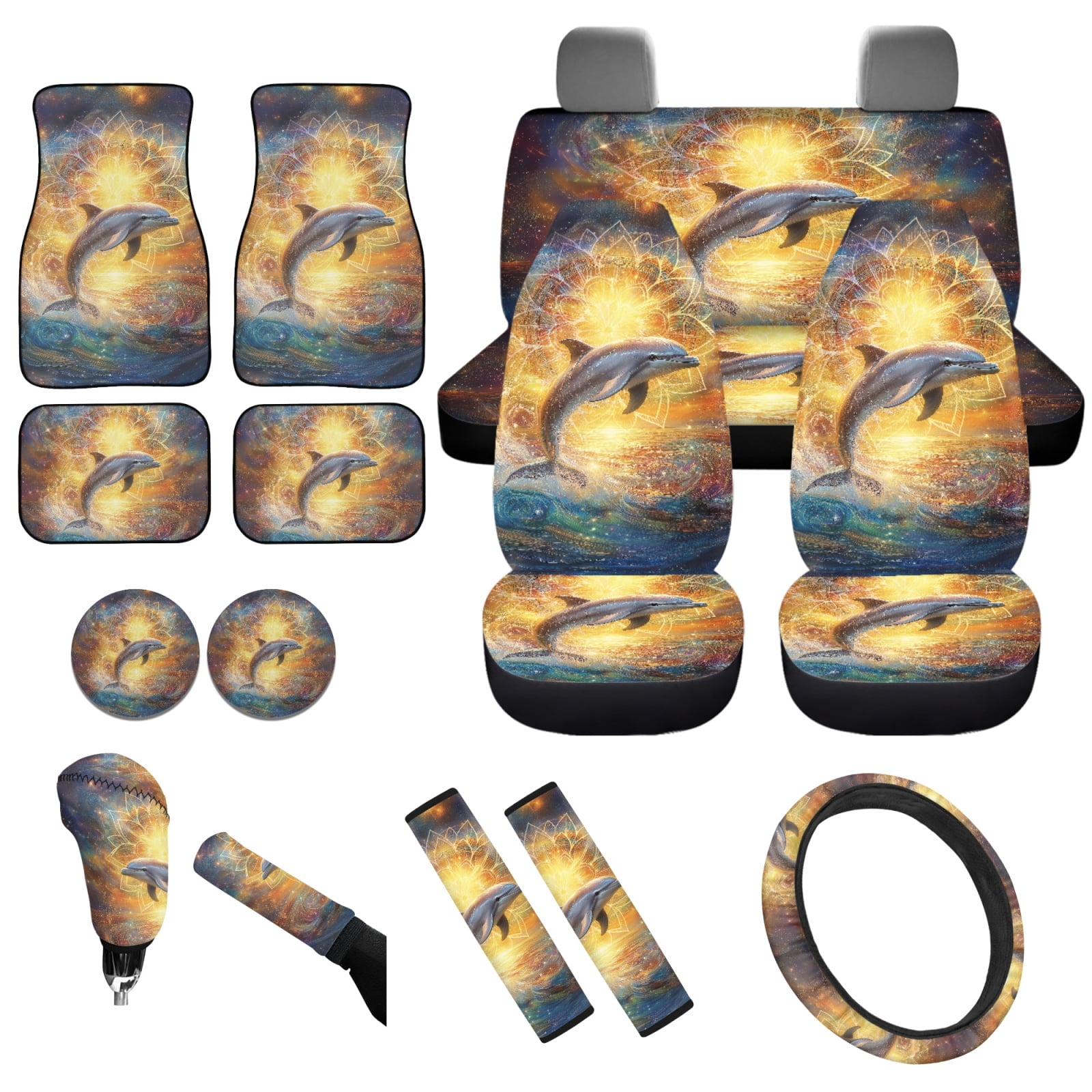 Yuyamidu Dolphin Car Front Back Seat Covers Boho Mandala Flower Car Carpet Mats Steering Wheel Cover Seat Belt Pad Handbrake Cover Set Coasters, Set of 15