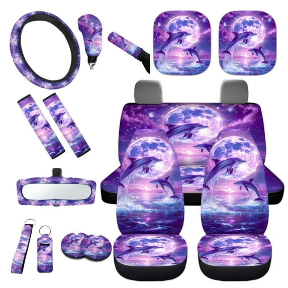 Yuyamidu Dolphin Car Seat Cover Set with Steering Wheel Cover Moon Seat Belt Covers Purple Rearview Mirror Cover Cup Coasters Car Sun Visor Key Chain Gear Shift Knob Cover 16 PCS Auto Accessories