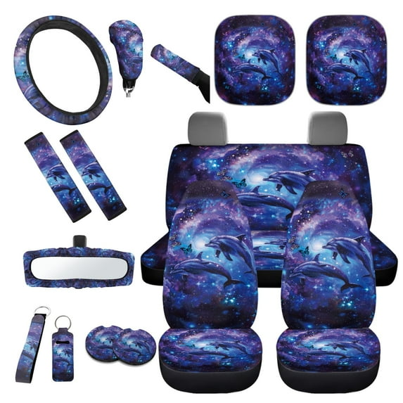 Yuyamidu Dolphin Car Seat Cover Split Covers Galaxy Sun Visor Car Steering Wheel Cover Seat Belt Strap Pad Handbrake Gear Shift Knob Cover Rearview Mirror Accessories Cup Holder Key Chain 16 PCS