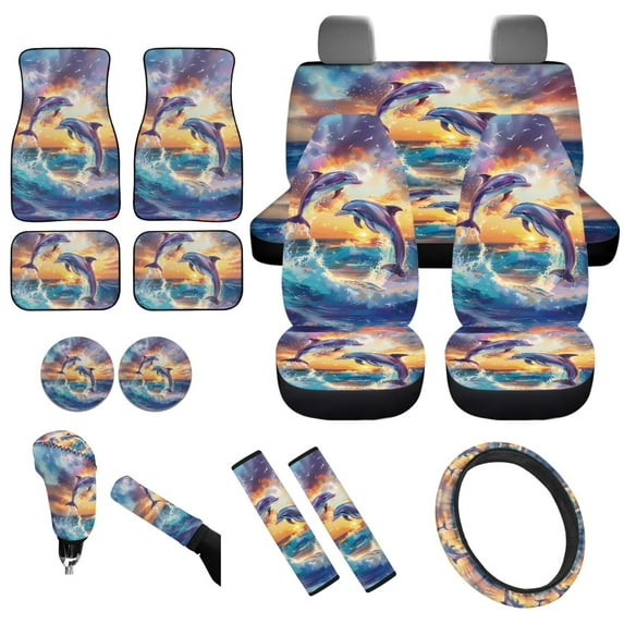Yuyamidu Dolphin Car Seat Cover Sunset Automobile Floor Mats Steering Wheel Cover Seatbelt Pads Auto Handbrake Cover Set Coasters 15pcs Car Accessories Set