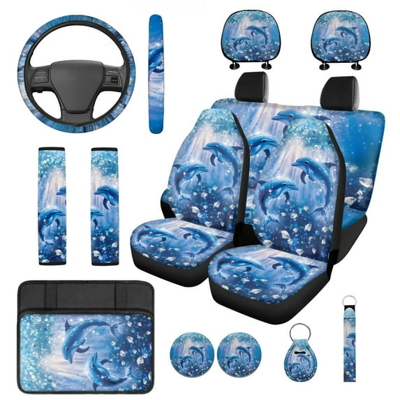 Yuyamidu Dolphin Car Seat Covers Full Set of 14 Fashion Steering Wheel Cover Seat Belt Pads Blue Ocean Armrest Cover Headrest Covers Auto Cup Holders Keychain