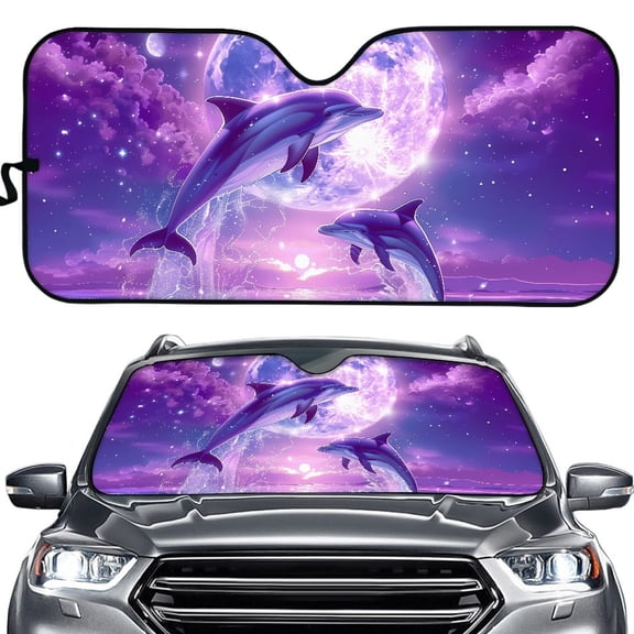 Yuyamidu Dolphin Car Window Shade Purple Moon Windshield Sun Shade for SUV Truck Sedan Foldable Sunshade for Car Windshield Automotive Accessories