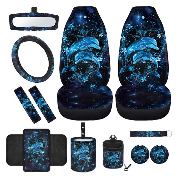 Yuyamidu Dolphin Front Car Seat Covers Full Set of 12 Blue Flower Steering Wheel Cover Seatbelt Pads Armrest Pad Coasters Garbage Bin Rear View Mirror Cover Keychain Air Vent Pouch, Universal Fit