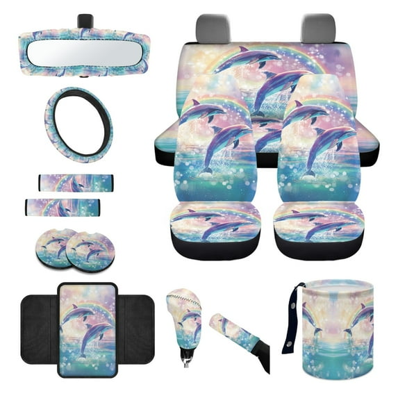 Yuyamidu Dolphin Front Rear Car Seat Covers with Steering Wheel Cover Gear Shift Cover Car Handbrake Cover Seat Belt Shoulder Pads Car Coaster Armrest Pad Cover Armrest Cover Trash Can, Set of 14