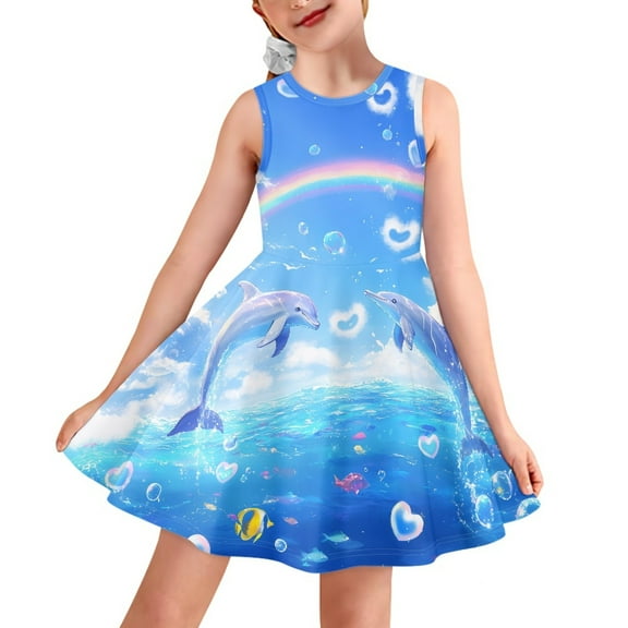 Yuyamidu Dolphin Tank Top Dress Blue Ocean Knee Length Skater Dress Rainbow Pleated Beach Sundress Soft Sleeveless Midi Dress for Teen Girls 11-12T