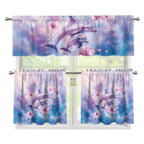 Yuyamidu Dophin Kitchen Curtain Valance and Tiers 3 Panel Set Washable Short Tier Curtains with Rod Pocket Easy to Install Contemporary Trendy Valances Home Decor