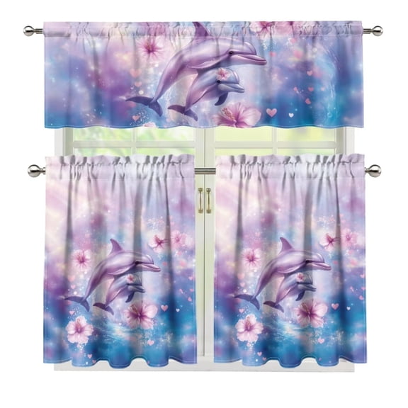 Yuyamidu Dophin Kitchen Curtain Valance and Tiers 3 Panel Set Washable Short Tier Curtains with Rod Pocket Easy to Install Contemporary Trendy Valances Home Decor