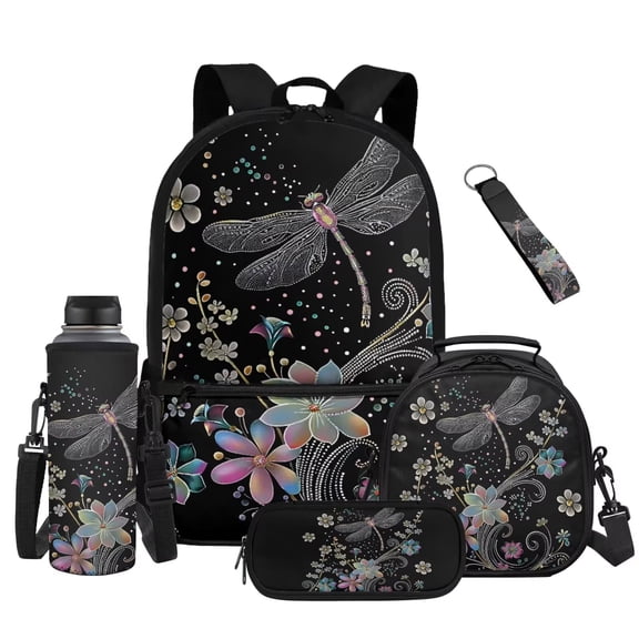 Yuyamidu Dragonfly Backpack for Girls 10-12, 4th-6th Grade, 17 Inch Lightweight Multi-Pocket Bookbag with Lunch Box, Water Bottle Sleeve, Pencil Case & Keychain Set of 5 Back to School Supplies