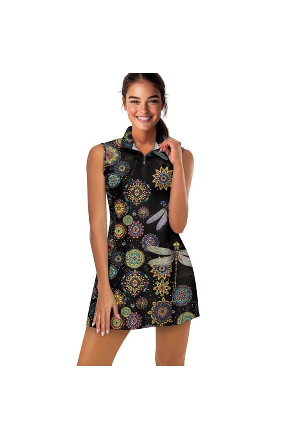 Dragonfly Boho Floral Womens Golf Dresses with Built-in Shorts Athletic Dress Zip Up Tennis Dress for Women Size L A-Line Workout Golf Dresses
