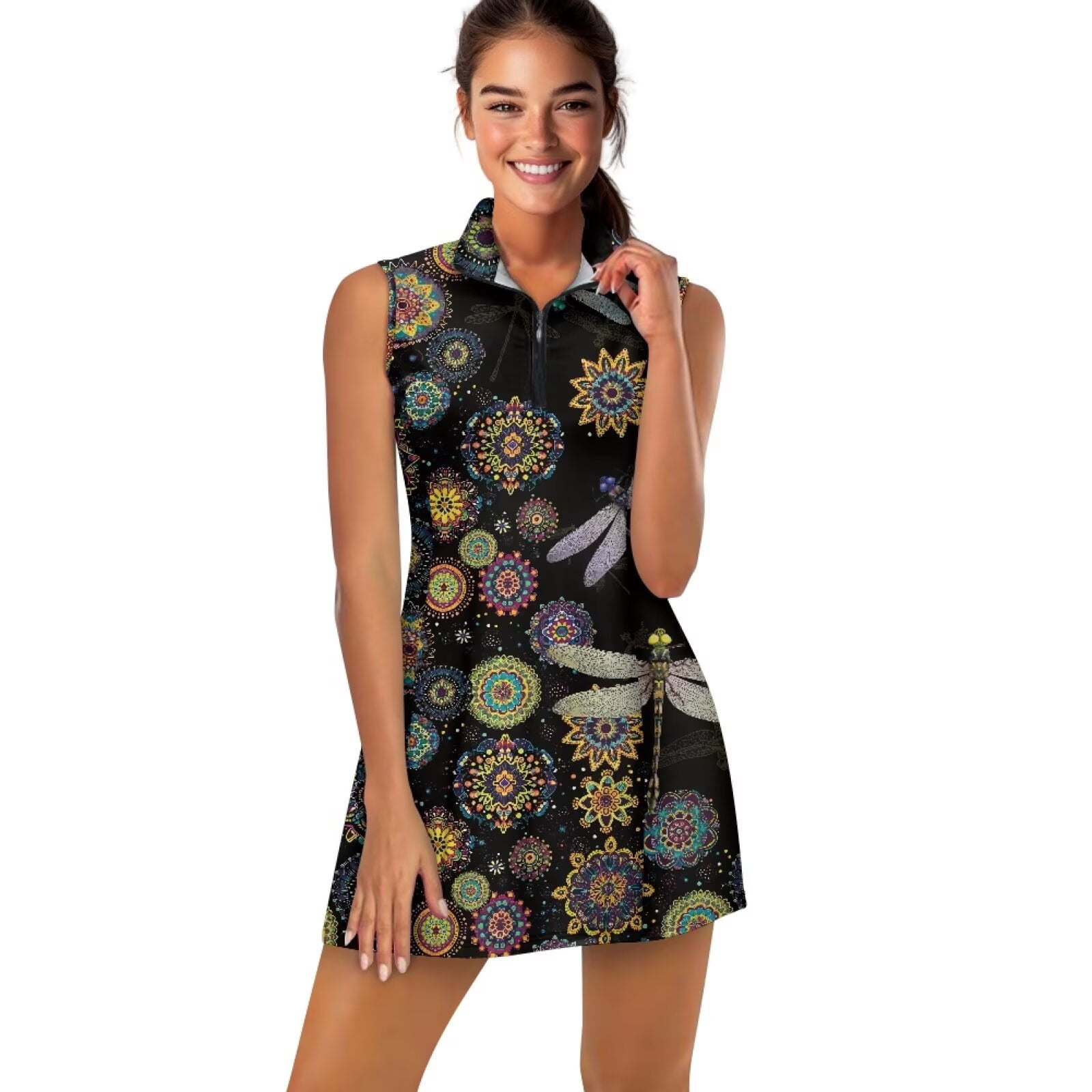 Yuyamidu Dragonfly Boho Floral Womens Golf Dresses with Built-in Shorts Athletic Dress Zip Up Tennis Dress for Women Size XS A-Line Workout Golf Dresses
