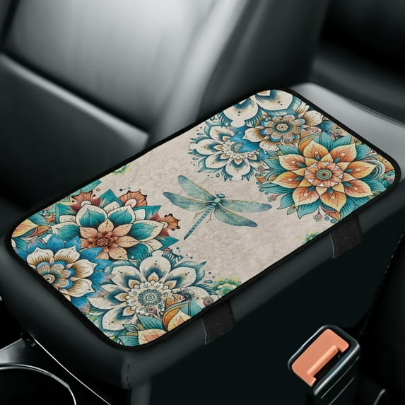Yuyamidu Dragonfly Car Arm Rest Cushion Pad Accessories Boho Flower Blossom Auto Center Console Cover Pad Winter Car Center Console Armrest Cover Fit for Most Vehicles