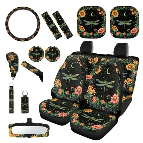 Yuyamidu Dragonfly Car Front Back Seat Covers Full Set Flower Sun Visor Car Steering Wheel Cover Seat Belt Pads Gear Shift Knob Cover Coasters Rear View Mirror Cover Keychain Set of 16