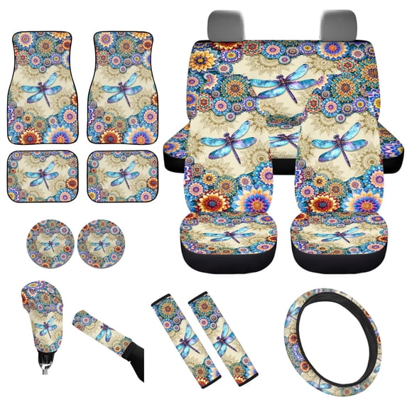Yuyamidu Dragonfly Car Seat Cover Full Set of 15 Dahlia Car Floor Mats Steering Wheel Cover Handbrake Cover Set Seatbelt Pad Coasters Auto Accessory for Van Truck