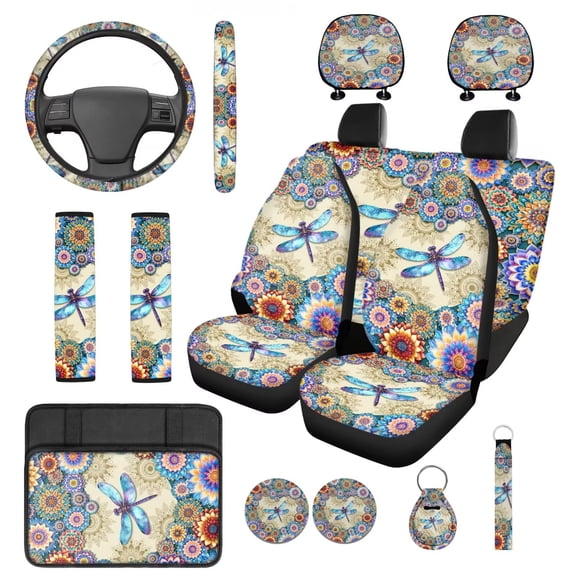 Yuyamidu Dragonfly Car Seat Cover Full Set of 14 Boho Dalia Steering Wheel Cover Seatbelt Pads Car Headrest Covers Armrest Cushion Coasters Key Chain