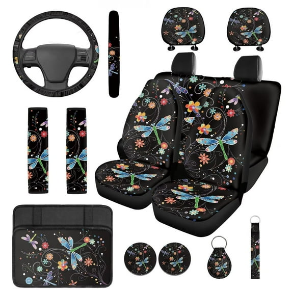 Yuyamidu Dragonfly Car Seat Cover Set of 14 Hippie Floral Steering Wheel Cover Headrest Covers Seat Belt Covers Center Console Pad Keychain Coasters Auto Interior Accessories