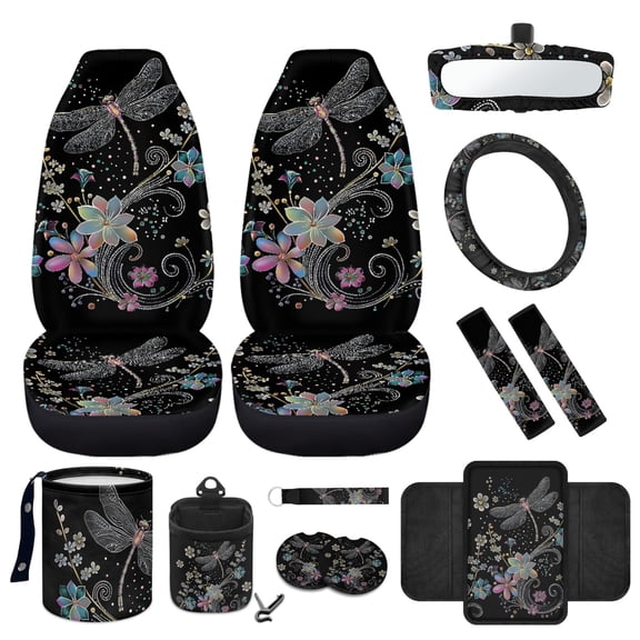 Yuyamidu Dragonfly Car Seat Covers Front Seat Covers Set with Flower Steering Wheel Cover Safe Belt Pad Armrest Pad Coasters Trash Can Rearview Mirror Cover Keychain Air Vent Bag Auto Decor, 12pcs