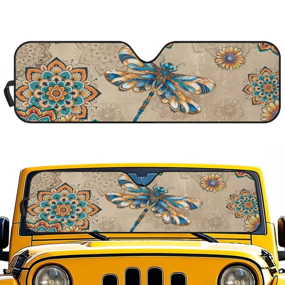 Yuyamidu Dragonfly Windshield Sun Shade for Jeep Wrangler TJ JK JKU JL JLU, Boho Flowers Car Winshield Sunshade, Blocking Heat and UV Rays
