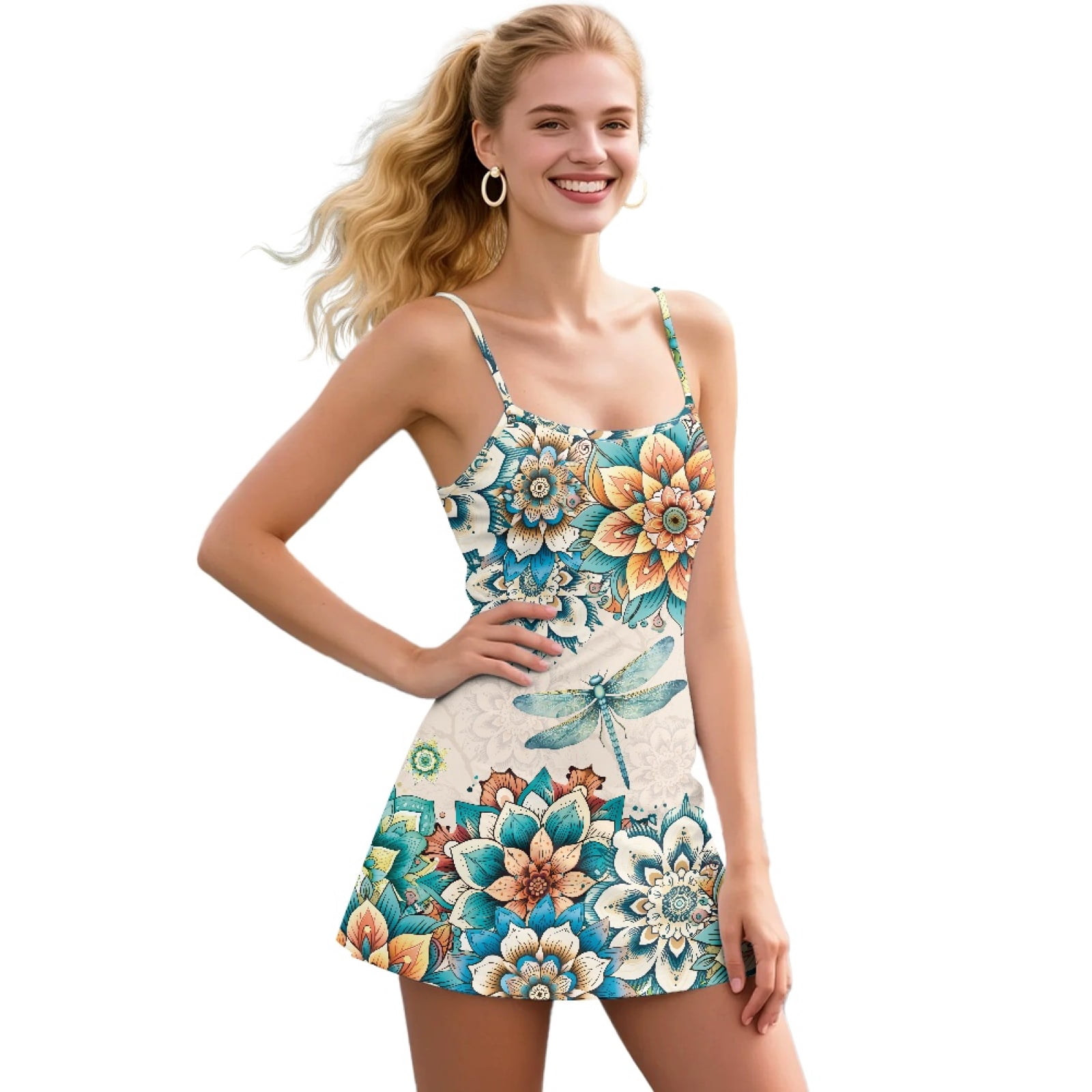 Yuyamidu Dragonfly Womens Tennis Dress Built in Shorts, Boho Flowers Exercise Workout Dress with Pockets 2 Pieces Summer Golf Athletic Dresses Size L
