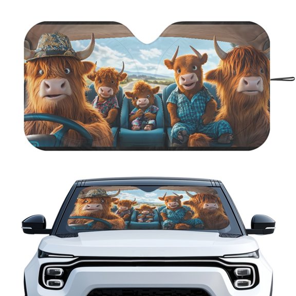 Yuyamidu Driving Highland Cow Sunshade for Car Windshield Portable Car Shade Front Windshield for Car SUV Van Lightweight Car Sun Shade UV Sun and Heat Reflector