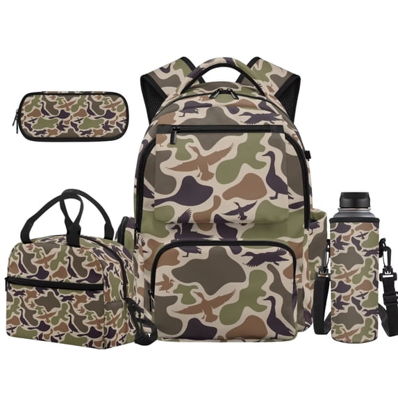Yuyamidu Duck Camo 4Pcs School Bag Set for Kids Girls, Boys Includes Lunch Tote, Pencil Pouch, Water Bottle Sleeve, Ideal for Elementary Students, Daily School, Casual Daypack for Kids