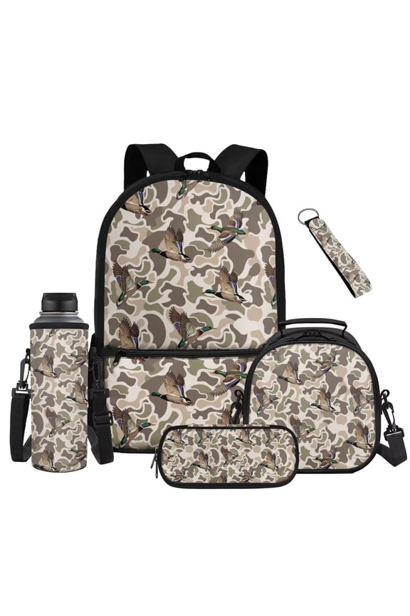 Duck Camo Backpack for Boys 8-12 with Lunch Box Set 17 Inch Lightweight Large Capacity Bookbag with Pencil Case, Water Bottle Pouch & Keychain, 5-Piece Back to School