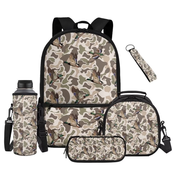 Yuyamidu Duck Camo Backpack for Boys 8-12 with Lunch Box Set 17 Inch Lightweight Large Capacity Bookbag with Pencil Case, Water Bottle Pouch & Keychain, 5-Piece Back to School
