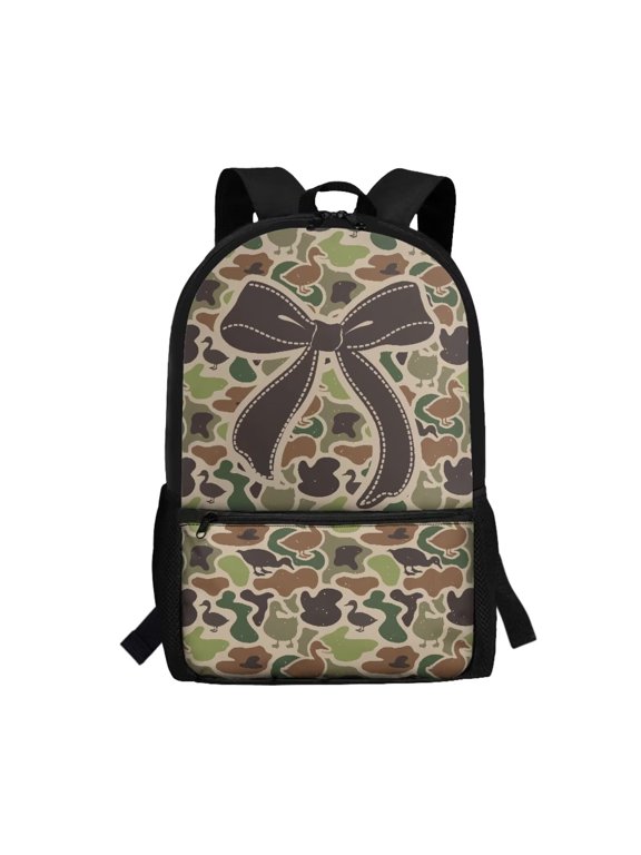 Duck Camo Bow Kids School Backpack with Multi Pockets, Casual Daypack for Primary Students, Lightweight Book Bag for Girls Daily Use Travel Outdoor