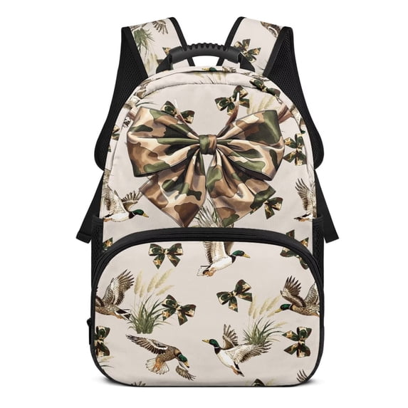 Yuyamidu Duck Camo Bow School Backpack for Kids Elementary School Bookbag Middle School Book Bags 6th Grade Girls Backpacks 17 Inch School Bag with Bottle Side Pockets